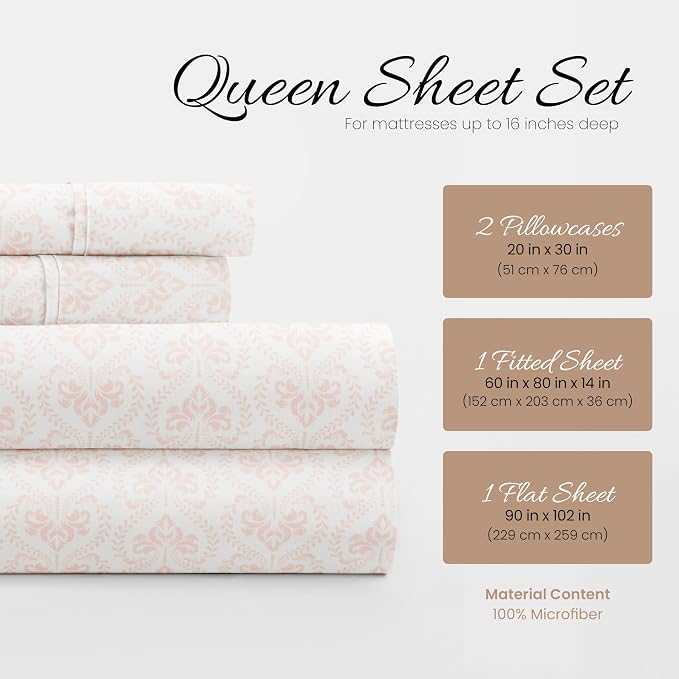 Linen Market Patterned Microfiber Queen Sheet Set 4 Piece – Oeko-TEX Certified Ultra Soft & Wrinkle-Free - 16" Deep Pocket Sheets - Easy Care Queen Size - Classic in Pink