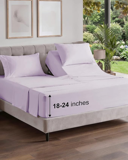 Flex Top Split Head King Sheet Set - 4 Piece Extra Deep - Light Lavender | Easily Fits 18 to 24 inch Mattress, Ultra Soft, Wrinkle & Fade Free with Extra Deep Pockets, Comfy Hotel Luxury Bedding