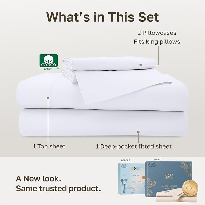 California Design Den 100% Cotton Sateen California King Sheet Sets, White | Soft 500 Thread Count Backed by Good Housekeeping Seal, 16" Deep Pocket, All-Around Elastic, Durable, Easy Care
