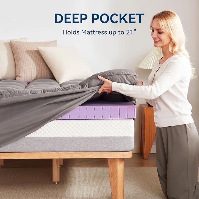 BDEUS Dual Layer 5 Inch Memory Foam Mattress Topper California King Size, 2 Inch Gel Memory Foam Plus 3 Inch 1450 GSM Down Alternative Quilted Pillow Top Mattress Pad Cover,Dark Gray