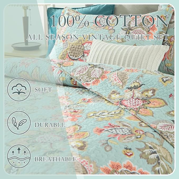 Wistown Cotton Bedspread Bedding Coverlet Quilt Sets, Reversible Vintage Branch Floral Bedspread comforters, (Vintage Floral Blue Pattern, Queen Size)