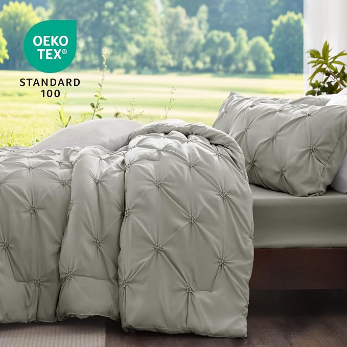 BEDELITE King Comforter Set Grey,Lightweight & Soft Comforter | Pintuck Boho Bedding, Warm & Cute Bed Set for All Season,With 2 Pillowcases