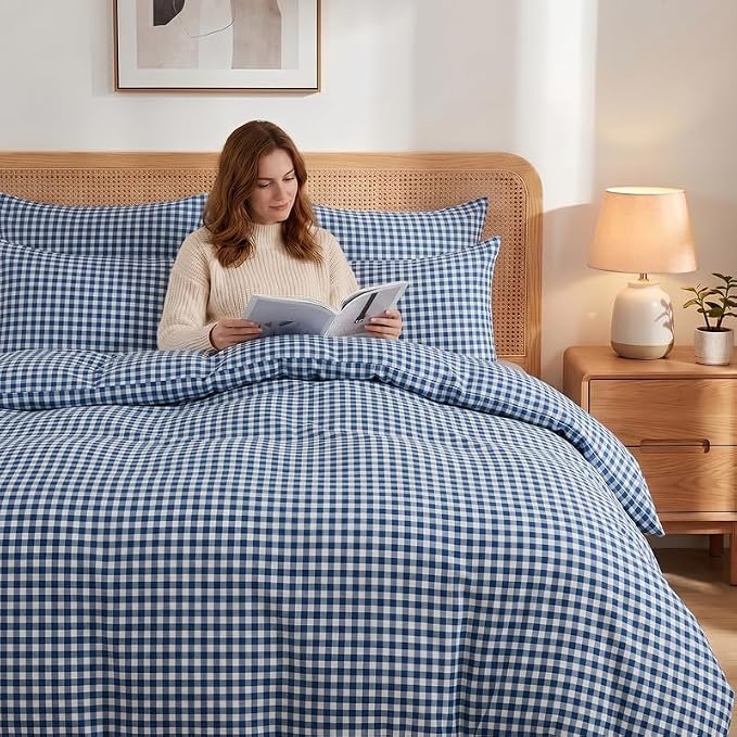 NEXHOME PRO Blue Gingham Duvet Cover King, 100% Washed Cotton Like Linen Feel Organic Natural Bedding Set 3 Piece Navy Vintage Plaid Checkered Comforter Cover Set (No Comforter) 10490