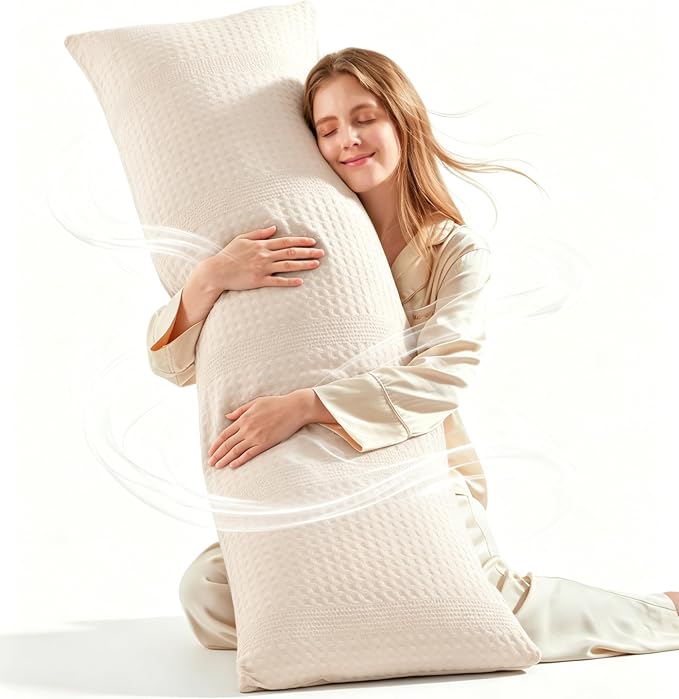 YZ HOME Waffle Weave Body Pillow for Adults, Memory Foam Insert | Long Pillow with Removable Pillowcase, Firm and Fluffy, Large Bed Pillows for Side Sleepers, Washable, 20x54 Inch, Beige