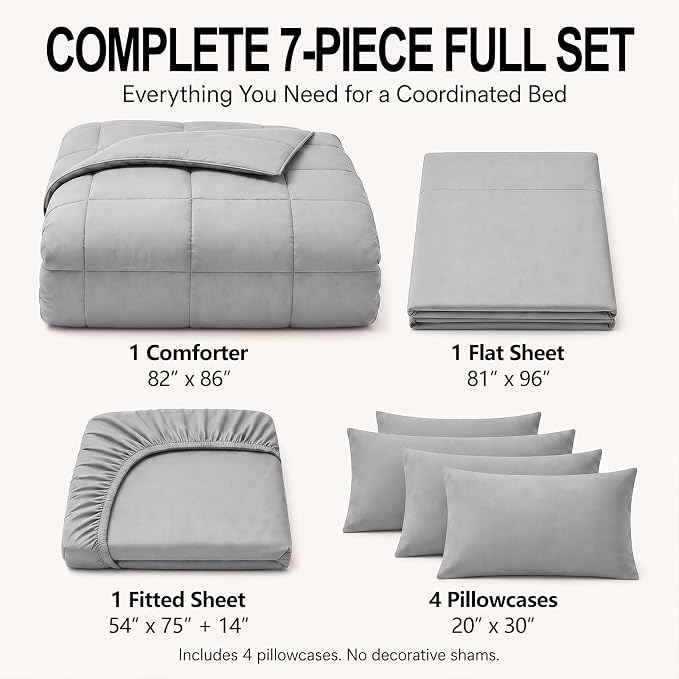 Full Size Comforter Sets French Grey - 7 Pieces Bed in a Bag | OEKO-TEX Certified, All-Season, Bedroom, Guest Room, Down-Alternative Comforter + Flat & Fitted Sheets + 4 Pillowcases