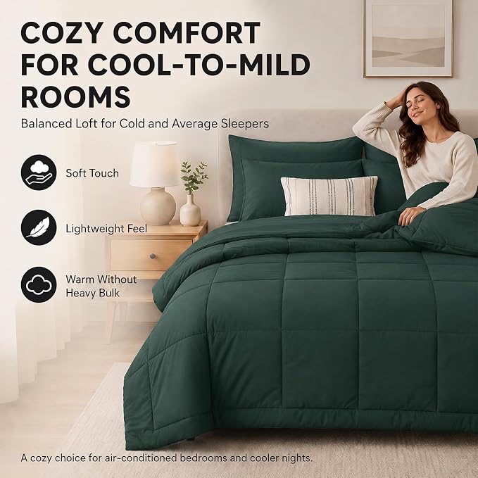 King Size Comforter Set Forest Green - 7 Pieces Bed in a Bag | OEKO-TEX Certified, All-Season, Bedroom, Guest Room, Down-Alternative Comforter + Flat & Fitted Sheets + 4 Pillowcases