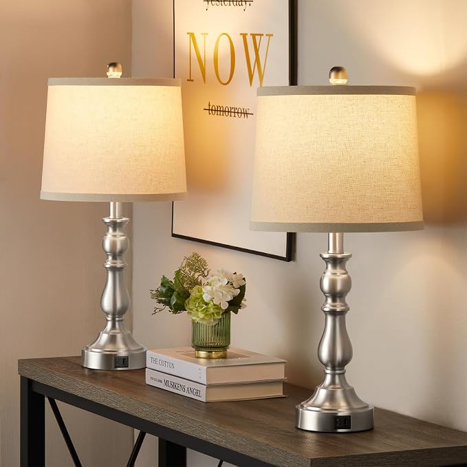 23'' Table Lamps Set of 2, Lamps for Bedroom, USB C+A Ports, Silver | Bedside Lamps with 3 Color Temperatures, Knob Switch, Lamps for Living Room, Office, Night Stands, End Table, Bulbs Included