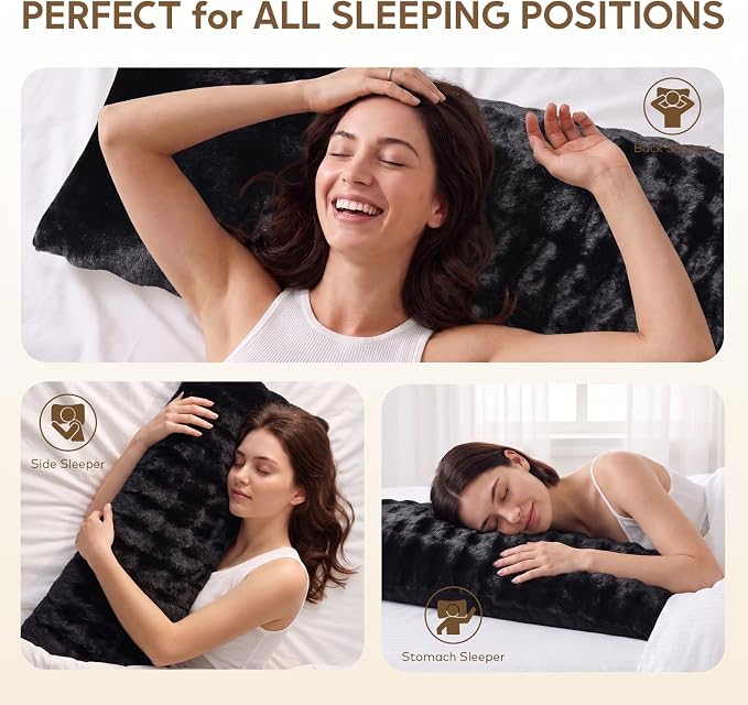 DOWNCOOL Premium Large Body Pillow Insert with Faux Rabbit Fur Cover - Large Full Body Pillows for Adults - Soft Long Bed Pillows for Side Sleepers - 20x54 inch (Black, with Cover)