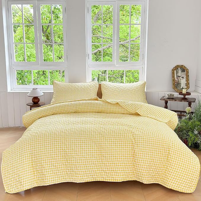 NSNLGSGC Yellow Gingham Queen Summer Bedspread Quilt Set | Pre-washed Microfiber,Lightweight Checked Grid Bedding Coverlets for All Seasons