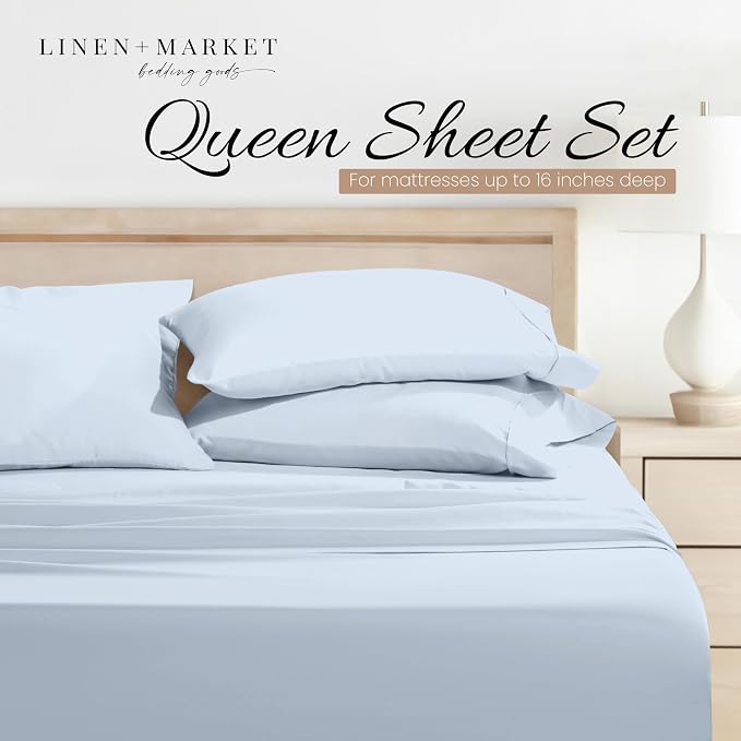 Linen Market Double-Brushed Microfiber Queen Sheet Set 4 Piece – Oeko-TEX Certified Ultra Soft & Wrinkle-Free - 16" Deep Pocket Sheets - Easy Care Queen Size - Light Blue