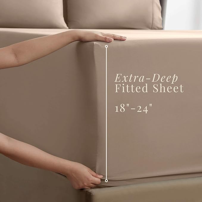 Hearth & Harbor Extra Deep Pocket Sheets - Fits Mattress 18-24 Inches Deep - Extra Deep Pocket Twin Sheets Sets - 4 Piece Twin Size - Taupe