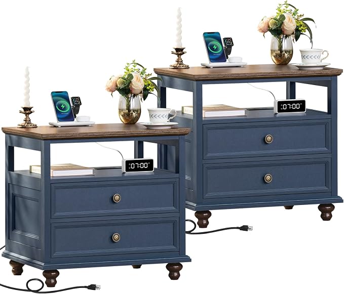Joaxswe Farmhouse Nightstand Set of 2 with Charging Station, 24" Wide End Table with 2 Drawers,Wood Dresser for Bedroom,Bed Side Table Chest of Drawers Cabinet,Navy BlueNight Stand for Living Room