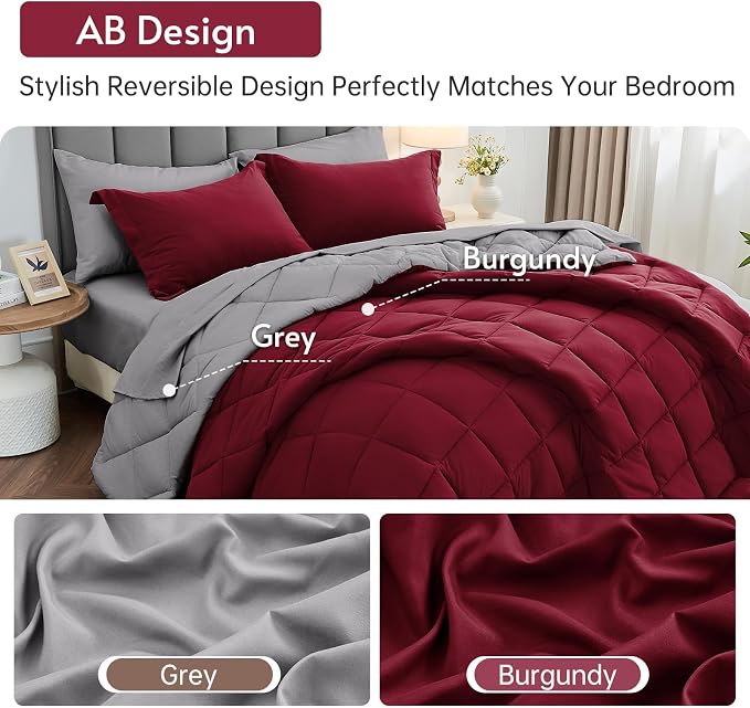 7 Pieces Queen Comforter Set, Reversible Bed in a Bag Queen Size, All Season Bedding Set with Comforter, Flat Sheet, Fitted Sheet, Pillowcases & Shams, Burgundy & Grey