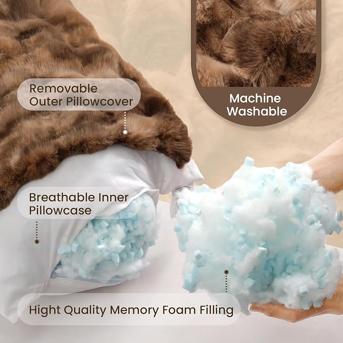 ZonLi Fluffy Body Pillow for Adults, Fuzzy Faux Fur Long Pillow with Shredded Memory Foam, Adjustable Support for Side Sleepers, Gifts, 20 x 54 Inch, Brown
