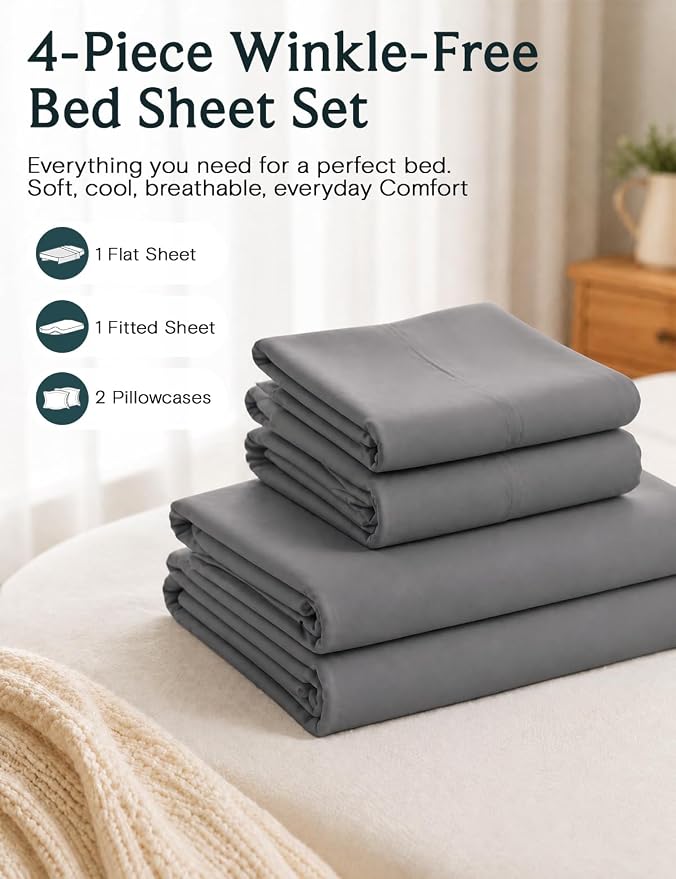 LuxClub 4 PC King Sheet Set, Deep Pockets Wrinkle Free Cooling Bed Sheets Hotel Bedding for Women, Men, Includes 1 Fitted Sheet, 1 Flat Sheet and 2 Pillowcases-Soft Light Grey | LuxClub Silky Fitted Sheet & Pillowcase Sets, Breathable Hotel Luxury Bedd...