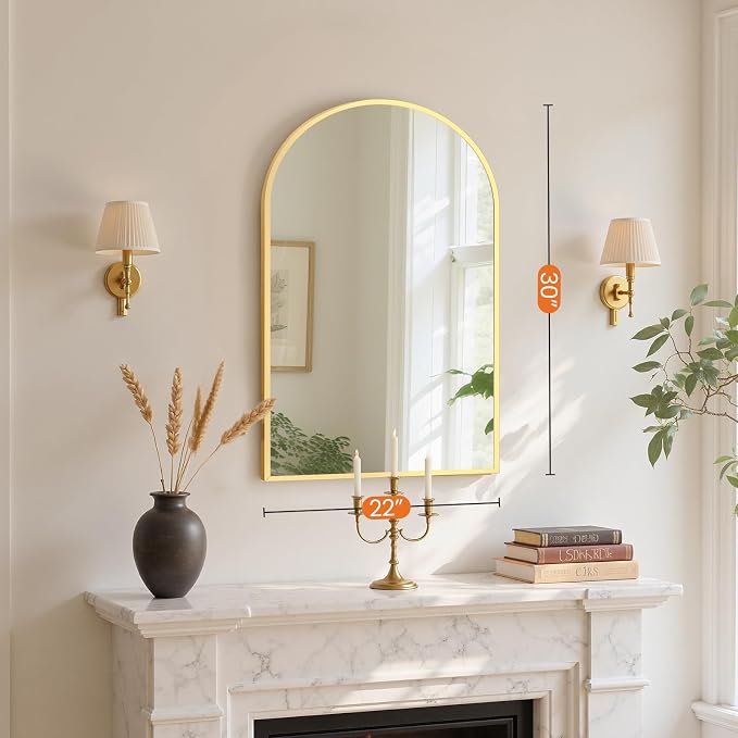 Sweetcrispy 20"x30" Arched Gold Bathroom Mirrors for Wall | Bathroom Mirrors for over sink, Metal Framed with HD Shatter-Proof Glass for Entryway, Living Room, Bedroom