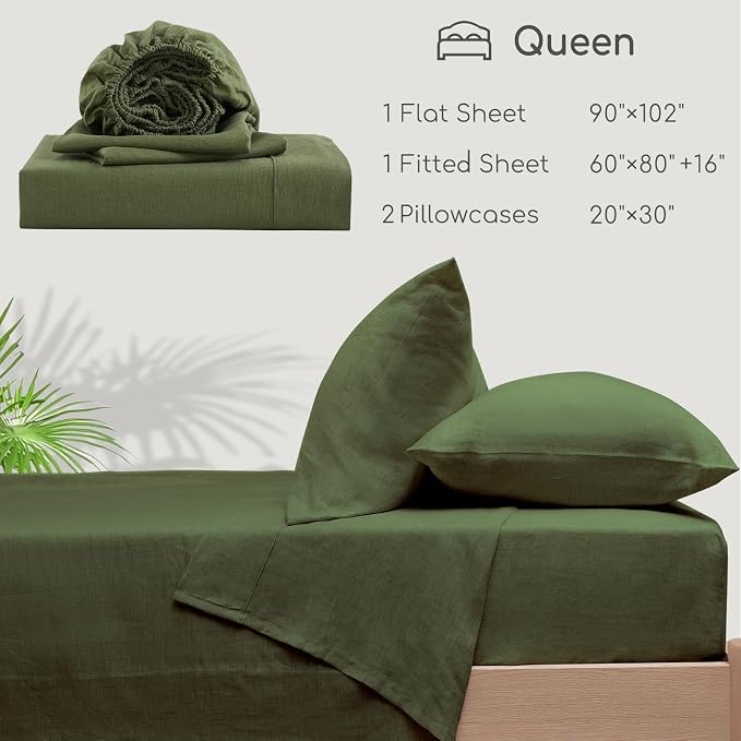 100% Pure Linen Queen Sheets Set, Natural French Linen Sheets | Breathable Cooling Soft Durable Washed 4 Piece Bedding Sets with 16" Deep Pocket, Machine Washable (Mossy Green,Queen)