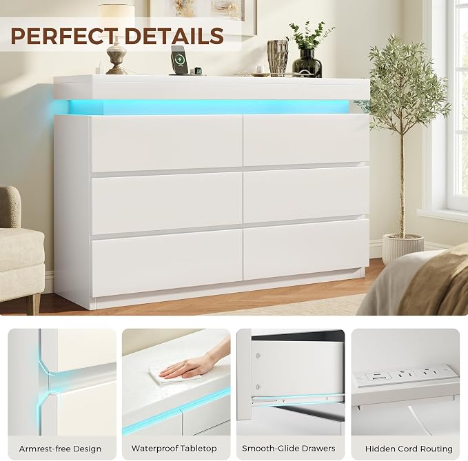 6 Drawer Dresser with LED Lights and Charging Station, Modern White Dresser | RGB Lights with App and Remote Control, Music Sync Mode, 6 Spacious Drawers and Durable MDF Storage for Bedrooms or Closets