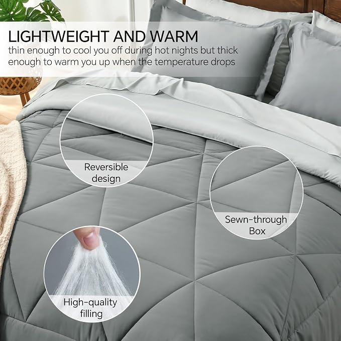 BEDELITE Queen Comforter Set 7 Pieces, Reversible Dark Grey Bed in A Bag | Soft All Season Down-Alternative Comforter, Sheets, Pillowcases & Shams, OEKO-TEX Certified Bedding for Bedrrom, Guest Room