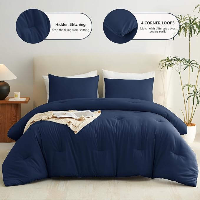 California King Comforter Set, 3 Pieces Navy Blue Quilted Bedding | 270 GSM Down Alternative Fill, 4 Corner Ties for Duvet Insert Use, All Season, OEKO-TEX Certified, 2 Pillowcases, 104 x 96 in