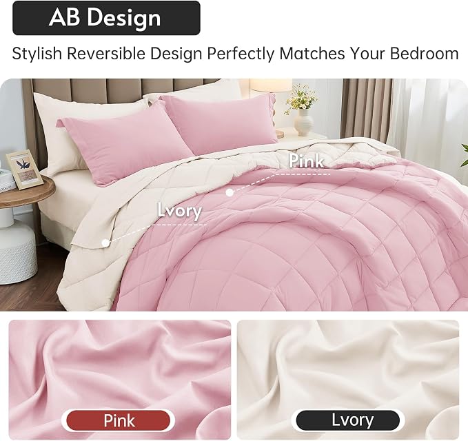 7 Pieces Queen Comforter Set, Reversible Bed in a Bag Queen Size, All Season Bedding Set with Comforter, Flat Sheet, Fitted Sheet, Pillowcases & Shams, Light Pink & Ivory