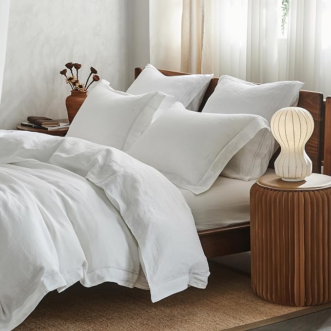 Simple&Opulence 100% French Linen Duvet Cover Set with Embroidered,3 Pcs Washed Soft Farmhouse Bedding Set with Button Closure,1 Comforter Cover and 2 Pillowshams(Queen,White)