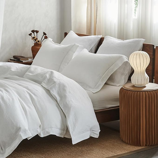 Simple&Opulence 100% French Linen Duvet Cover Set with Embroidered,3 Pcs Washed Soft Farmhouse Bedding Set with Button Closure,1 Comforter Cover and 2 Pillowshams(Queen,White)