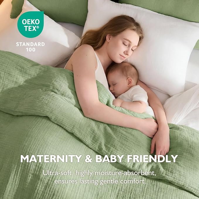 EMME Muslin Cotton Duvet Cover Set King Size Linen Like Soft Breathable Lightweight Summer Comforter Cover Set with Zipper Closure (Sage Green, King)