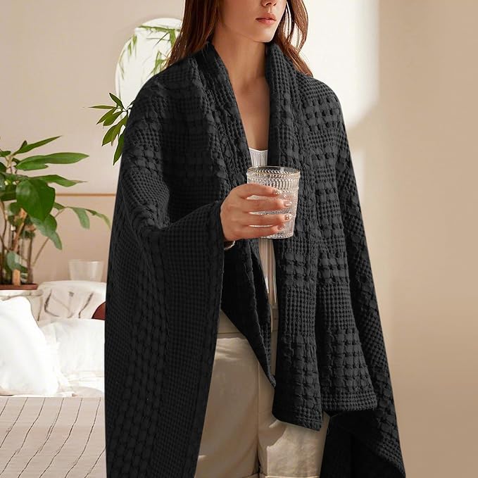 PHF Lightweight 100% Cotton Waffle Throw Blanket for Couch, Black | Pre-Washed Soft Cotton Comfort, Breathable Layering Warmth for Fall & Winter, Office, Travel, Sofa, Home Decor & Gifts