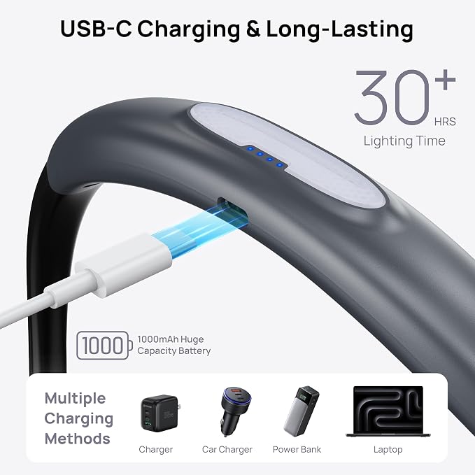 TROND LED Neck Reading Light, Bendable Neck Light for Reading, USB-C, Black | 3 Color 3 Brightness Book Light for Reading, Flexible Arm with Outdoor Warning Lamp, Eye-Caring for Crochet,Book Lovers Gifts
