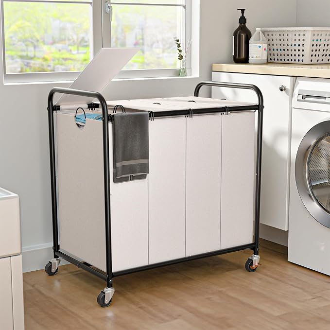 Laundry Sorter 4 Sections 48 Gal, Rolling Laundry Basket with Wheels ＆ Lid | Laundry Hamper, 4 Separated Removable Bags, Lockable Wheels, Dirty Clothes Hamper for Laundry Room Organizer, White