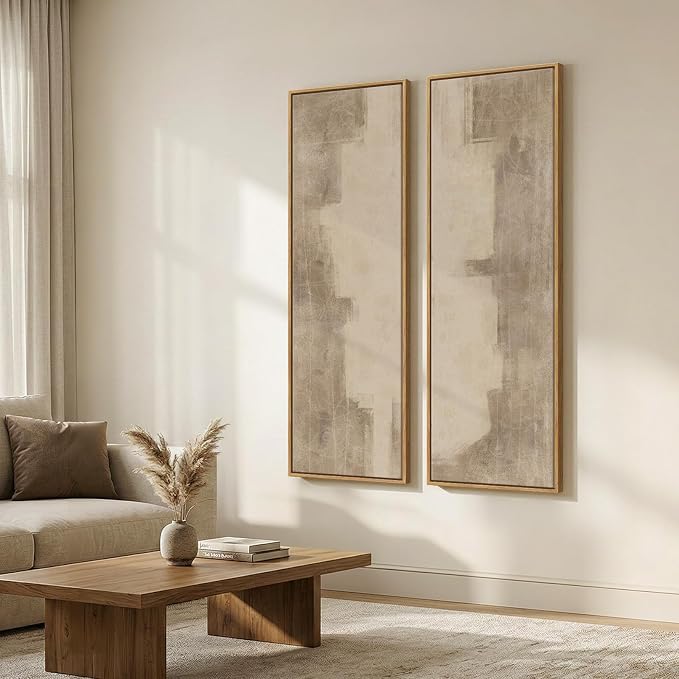 Large Framed Neutral Abstract Vertical Wall Art Decor for Hallway, 2 Pieces | Long narrow, Large canvas prints, Abstract pictures, Neutral beige, Vertical, Living room, Bedroom, Entryway wall decor