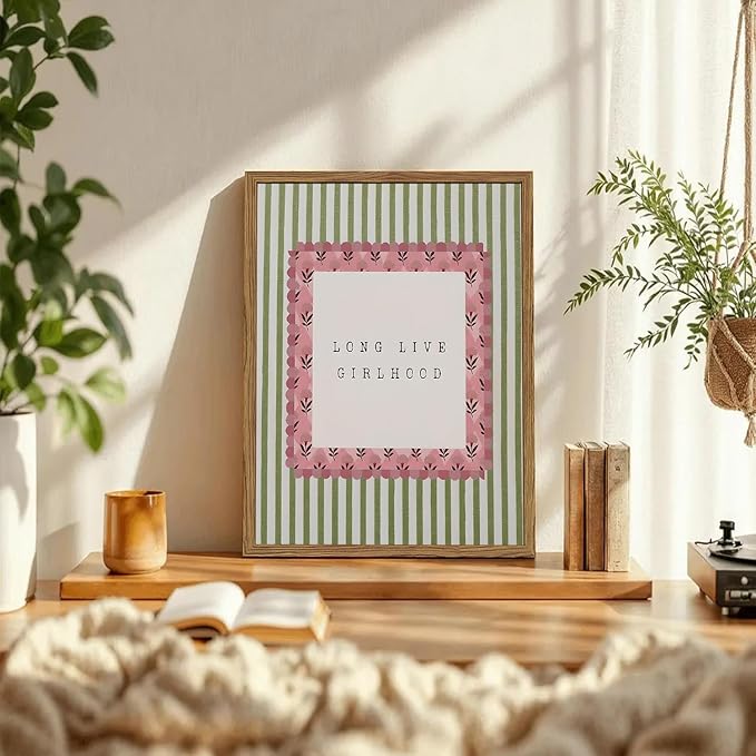 Long Live Girlhood Wall Art Vintage Girl Nursery Wall Decor Picture, Pink and Green Striped Baby Girls Poster Canvas Print Painting Artwork for Living Room Bedroom 12x16 inch Wood Framed