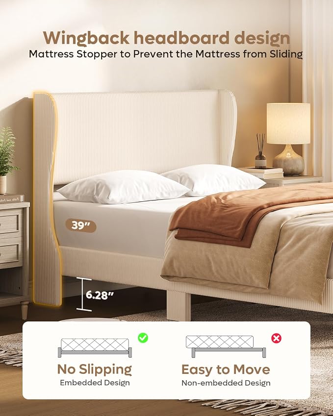 Bestier Full Bed Frame with Wingback Headboard,Upholstered,Beige | No Box Spring Needed,Easy Assembly,Wingback Headboard,No Squeaks,Vertical Channel Corduroy Upholstered,Wooden Slats Support