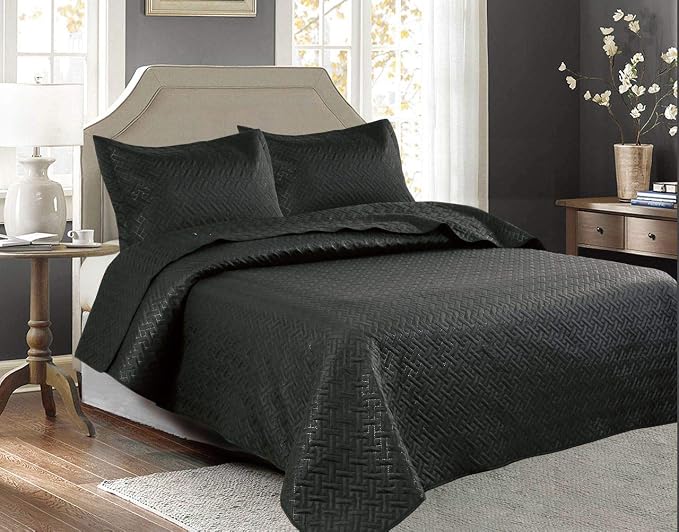 Legacy Decor 3 PCS Squared Stitched Pinsonic Reversible All Season Bedspread Quilt Coverlet Oversized, King Size, Black Color