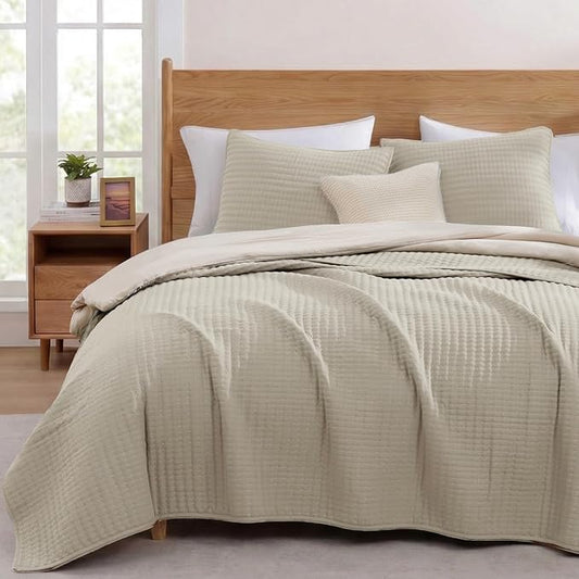 Queen Quilt Lightweight Bedspreads Oatmeal Queen Size Quilt Bedding Set | Soft Neutral Coverlet with 2 Pillow Shams for All Seasons, Suitable for Bed, Couch, 3 Pieces, 90"x94"