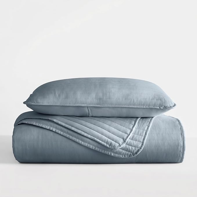 Merit Linens Modern Quilt Coverlet Soft Set in Stripe Stitching - Twin/TwinXL Dusk Blue