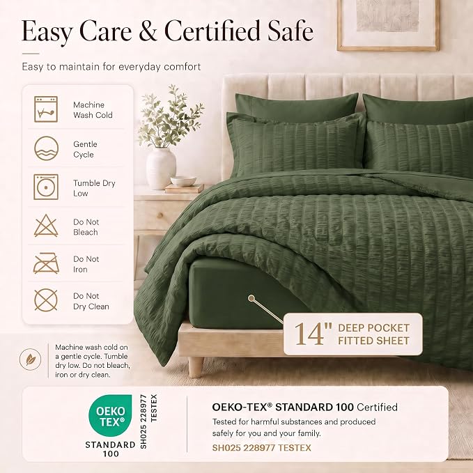 Oversized King Seersucker Comforter Set, Olive Green, 120 x 98 in | OEKO-TEX Certified, 7 Pieces Bed in a Bag with 240 GSM Down Alternative Comforter, Flat & Fitted Sheets, Pillowcases & Shams