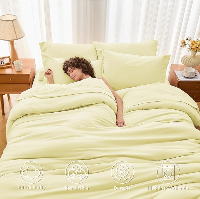 7 Pieces Queen Comforter Set, Soft Bed in a Bag Queen Size, All Season Bedding Set with Comforter, Flat Sheet, Fitted Sheet, Pillowcases & Shams, Cream Yellow