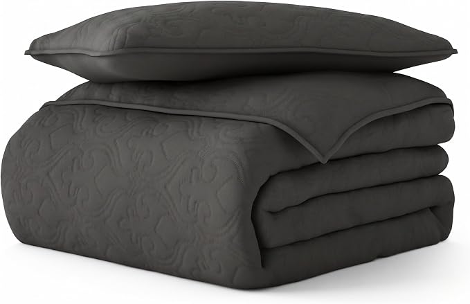 Merit Linens Classic Quilt Coverlet Soft Set in Damask Stitching - Twin/TwinXL Gray