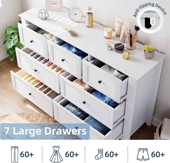 Garvee White 7-Drawer Dresser for Bedroom, 54" Entryway Storage Organizer | Modern Lacquered Chest of Drawers for Bedroom, 15.8"D x 54"W x 31.5"H, MDF
