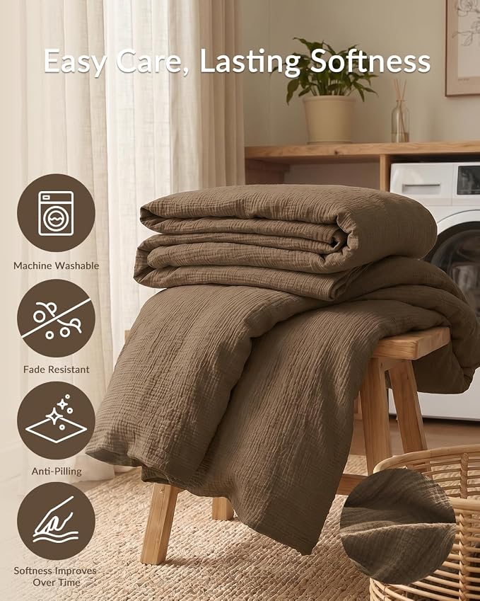 SE SOFTEXLY Muslin Duvet Cover Queen Size, 100% Washed Cotton Duvet Cover Set, Ultra Soft Comforter Cover Linen Like, 3 Pieces Minimalist Gauze Duvet Cover with 2 Pillowcases, 90"x90", Dark Brown