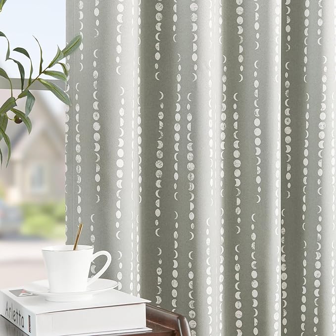 jinchan Boho Blackout Curtains 84 Inches Long Moon Phase Printed Drapes | Grey Farmhouse Curtains for Bedroom Living Room Back Tab Drapes Room Darkening Window Treatments 2 Panels