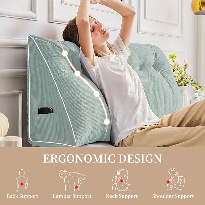 Sasttie Headboard Pillow Full, Wedge Pillow Headboard, Mint Green | Triangle Backrest Cushion for Sitting or Reading in Bed, Dorm Essentials, OEKO-TEX, Down Alternative Fill, Side Pockets