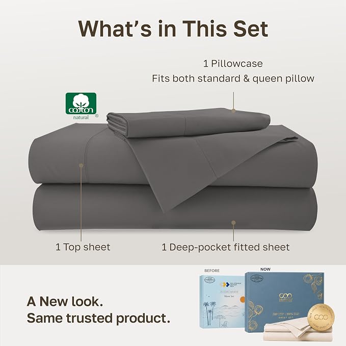 California Design Den Softest 100% Cotton Sateen Twin XL Sheet Sets, 3 Pcs | Soft 500 Thread Count Backed by Good Housekeeping Seal, All-Around Elastic, Easy Care, OEKO-TEX certified - Dark Grey