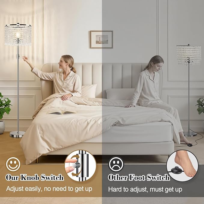 【Upgraded】 Dimmable Crystal Floor Lamps for Living Room, 1000LM LED Bulb Included, Standing Lamp with Knob Switch, Tall Silver Modern Floor Lamp for Bedroom Nursery Office Reading