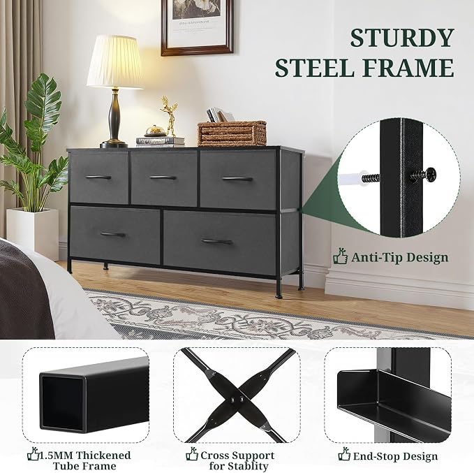 5-Drawer Dresser for Bedroom, Anti-Tip Wide Storage Organizer Fabric | Chest of Drawers TV Stand for 45" TV with Wooden Top and Metal Frame for Closet, Living Room, Hallway, Entryway, Gray