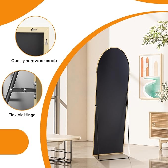 16"x59" Arched Mirror Full Length, Upgraded Body Wall Mirrors | Shatter-Proof Glass, Floor Standing, Hanging or Leaning, Tall Arch Mirror with Stand Aluminum Alloy Frame for Bedroom, Gold