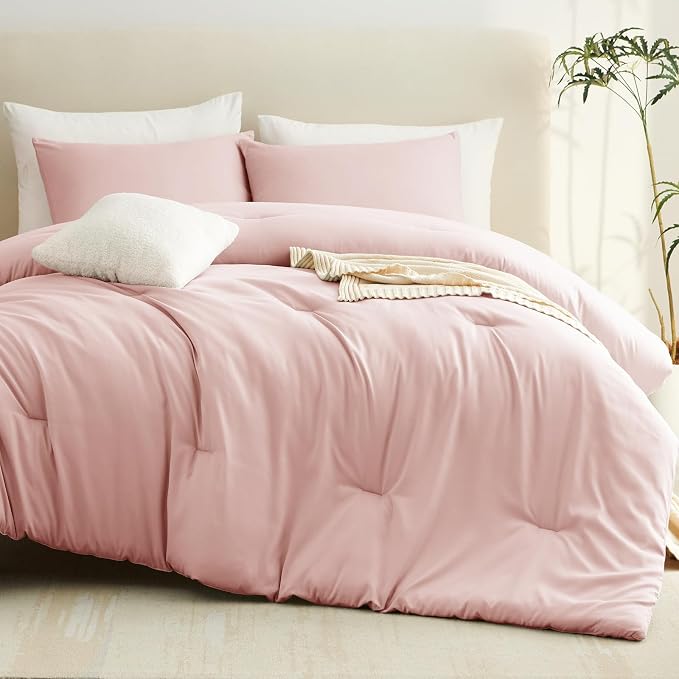 Full Comforter Set, 3 Pieces Down Alternative Bedding, Blush Pink | 270 GSM All Season Comforter with 4 Corner Ties for Use as a Duvet Insert, OEKO-TEX Certified, 2 Pillowcases, 82 x 86 in