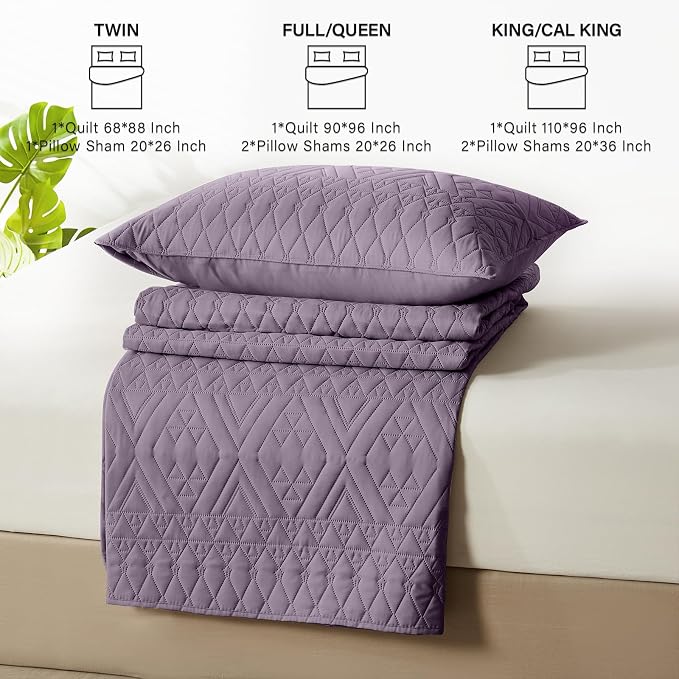 akkialla Twin Quilt Set, Grayish Purple Lightweight Microfiber Bedspread Coverlet, Boho Geometric Pattern, Soft All-Season Bedding, 2-Piece (1 Quilt, 1 Pillow Sham)